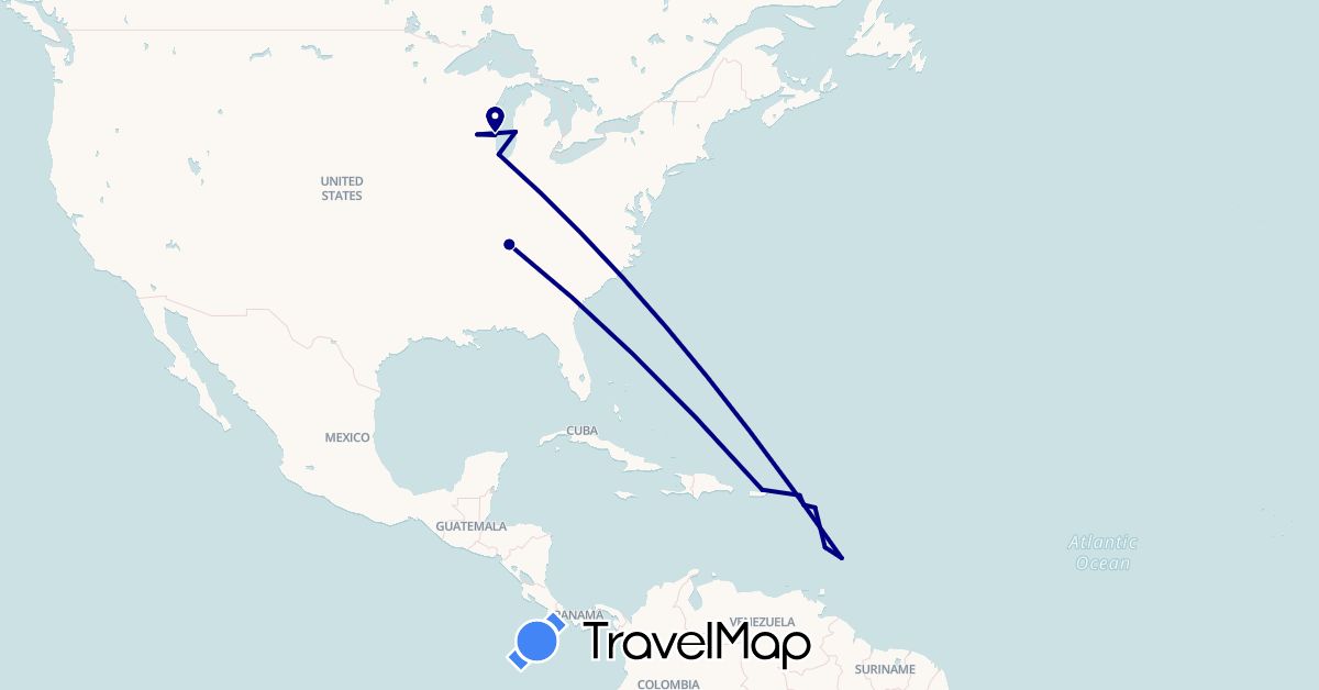 TravelMap itinerary: driving in Antigua and Barbuda, Barbados, Saint Kitts and Nevis, Saint Lucia, Netherlands, United States (Europe, North America)
