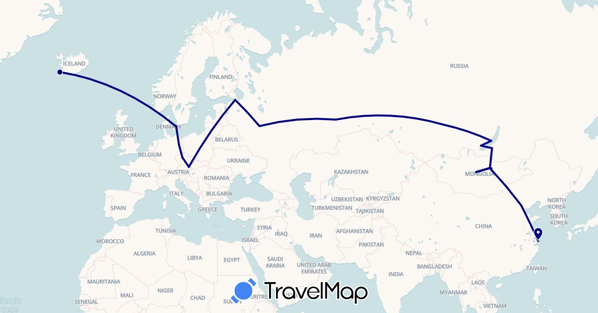 TravelMap itinerary: driving in Austria, China, Czech Republic, Germany, Denmark, Iceland, Mongolia, Russia (Asia, Europe)